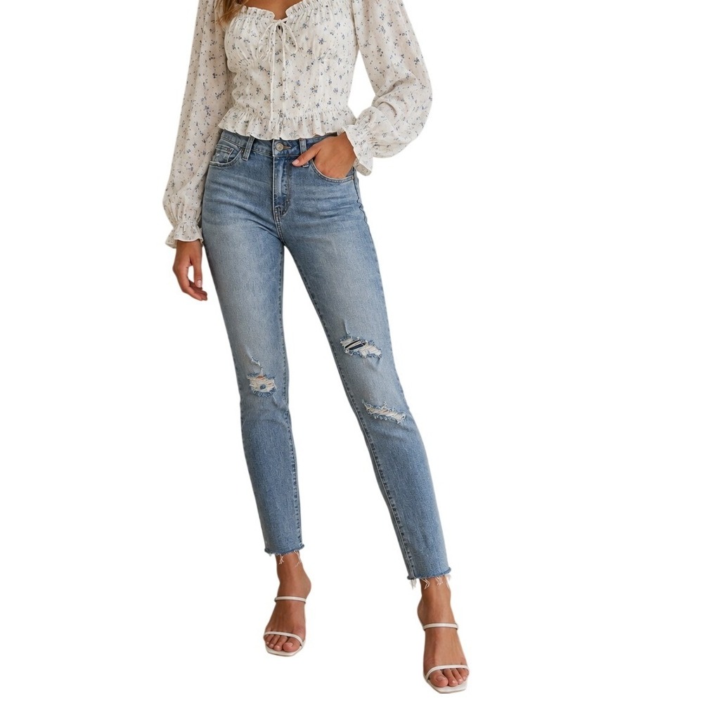 KanCan Skinny Jeans Women Size 5 Blue Distressed Raw Hem